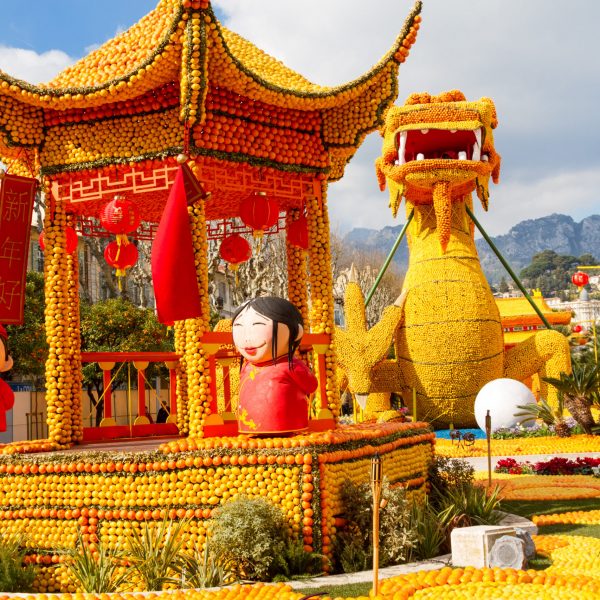 Lemon Festival (Fete du Citron) on the French Riviera.The theme for 2015:Tribulations of a lemon in China. Menton, France - Feb 20, 2015
