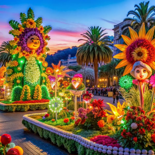 Vibrant floats adorned with colorful flowers and bright lights illuminate the Promenade des Anglais during the iconic Carnaval de la Riviera celebrations in Nice, France.