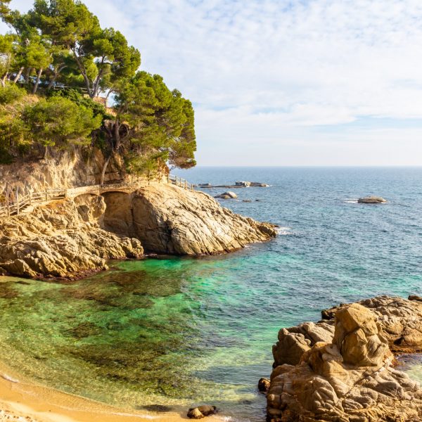 View of Cala Roca del Paller located on the coastal road from Platja d'Aro to Calonge on the Costa Brava, Catalonia.