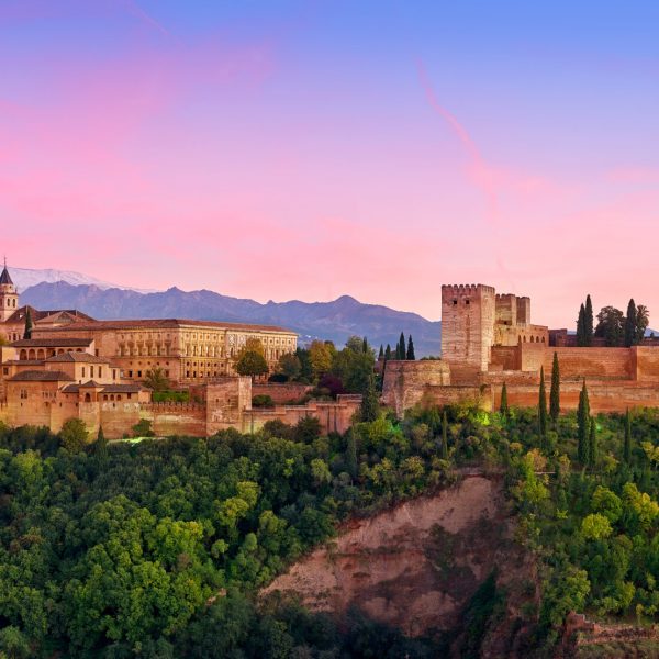 Alhambra fortress sunset in Granada of Spain at andalusian