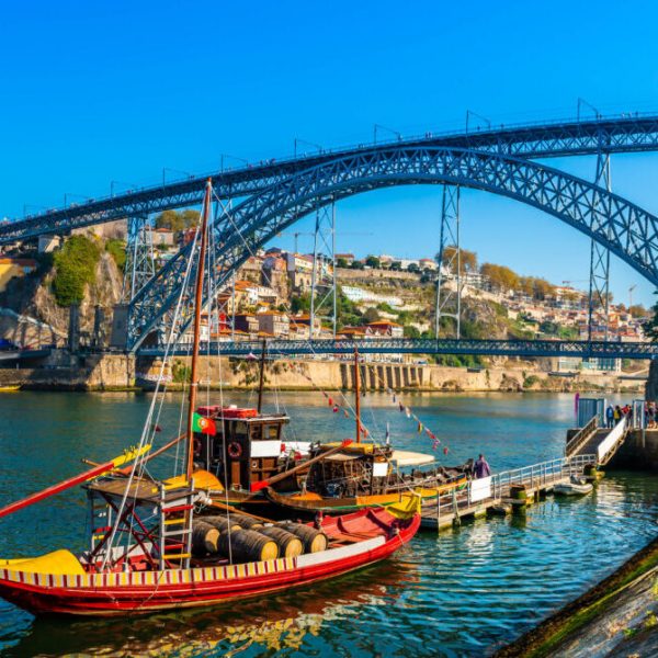 Panorama of the city of Porto and the Dom Luis I bridge on the Douro River in Portugal